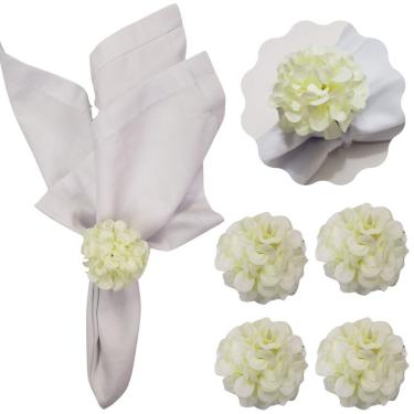 Imagem de Kit 4 Porta Guardanapo Mimosa Flor Crisântemo Artesanal em Tecido para Mesa Posta Branco Maison Charlo