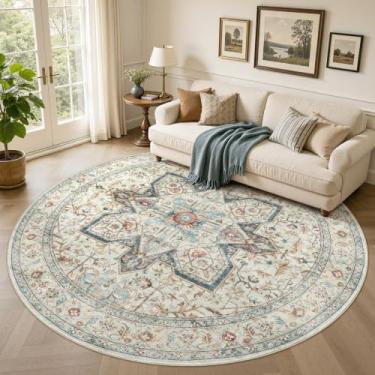 Imagem de Tortania Tapete redondo de 2,3 m para sala de estar - Tapete Boho lavável, vintage, oriental, envelhecido, casa de fazenda, grande, fino, tapete interno para quarto, embaixo da mesa de jantar