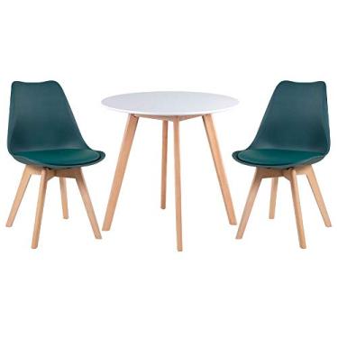Imagem de Loft7, Kit Mesa redonda Leda 70 cm branco + 2 cadeiras estofadas Leda verde escuro