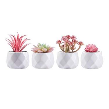 Imagem de CADNLY Pequena planta de mesa falsa – decoração de mesa rosa para mulheres – plantas suculentas artificiais – suculentas artificiais em vasos de cerâmica branca – Mini decoração de suculentas rosa
