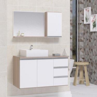 Imagem de Conjunto Gabinete Banheiro Completo Prisma 80cm Madeirado/Branco - Mov