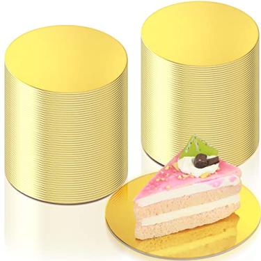 Imagem de Honeydak Pacote com 50 unidades de base dourada para bolo à prova de graxa, placa circular de papelão, minitábuas redondas de mousse laminada de 10 cm para cozinha, assar pizza, sobremesa, cupcake, bandeja em camadas
