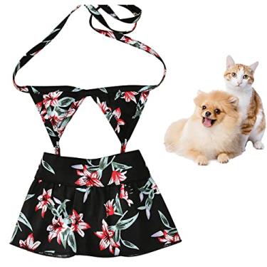Imagem de Traje de banho havaiano para cachorro verão praia biquíni vestido floral para festa foto de cachorro algodão macio respirável sutiã saia 2 peças, preto, 12/M