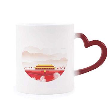Imagem de Caneca vermelha Tiananmen Mountain Fog Sensível ao Calor Caneca de Grés Mudança de Cor Vermelha