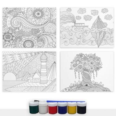 Imagem de Tela Para Pintura Infantil Colorir Arte Kit 4 Unidades com Tinta e Pincel Canvas 20x15cm (Complexos)