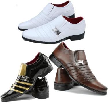 Imagem de Sapato masculino social pizzolev kit 3 pares branco marrom e dourado, 
