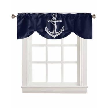 Imagem de Cortinas de amarração de âncora náutica para janelas, cortinas minimalistas com bolso para varão litoral, azul-marinho, oceano, janela curta ajustável, tratamento de janela curta para cozinha, sala de