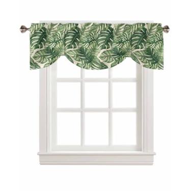 Imagem de Cortinas de amarrar folhas de palmeira para janelas, cortinas de verão aquarela verde sálvia planta tropical linho haste bolso de varão, tratamento de janela curta ajustável para cozinha, sala de