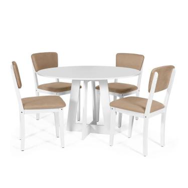 Imagem de Mesa De Jantar Redonda Montreal Branca Com 4 Cadeiras Estofadas Ella Branco/marrom Claro