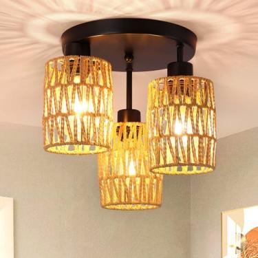 Imagem de Surpars House Luminária De Teto Estilo Boho Rattan Da House, Mini Lustre, Luminárias Tecidas À Mão Para Corredor, Quarto, Cozinha, Entrada, Sala Estar (Marrom)