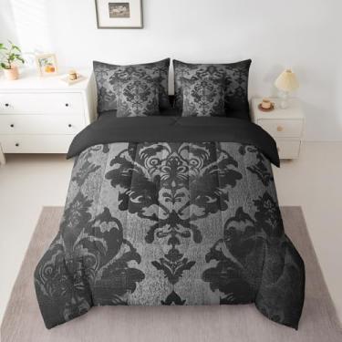 Imagem de Feelyou Conjunto de edredom infantil adulto, cinza e preto, damasco, gótico, antigo, vitoriano, barroco, 7 peças, tamanho Queen, vintage, floral, cama em uma bolsa