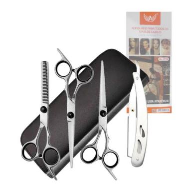 Imagem de Estojo com 6 Peças Tesouras e Navalha Profissionais Barbeiro Fio Laser