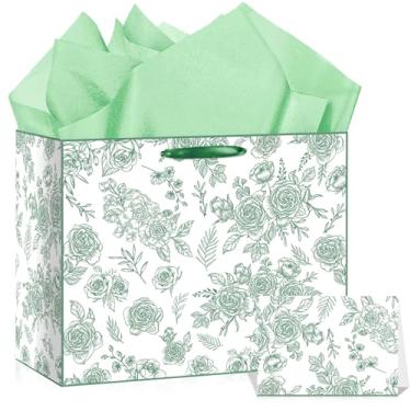 Imagem de Wayyogh Sacos de lembrancinha de festa florais verdes com alças recortadas de flores silvestres para presente de presente para decoração de aniversário para festa de chá de bebê nupcial