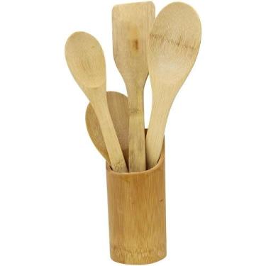 Imagem de Kit Utensílios de Bambu 5 Peças Colher Espátula Pão Duro - Univendas, 