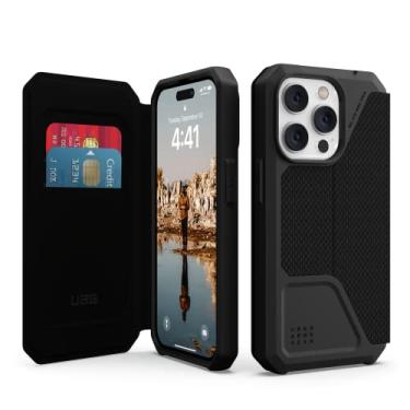 Imagem de URBAN ARMOR GEAR Capa protetora UAG projetada para iPhone 14 Pro Kevlar preta 6,1 polegadas Metropolis Folio Flip carteira robusta com suporte para cartão compatível com carregamento sem fio