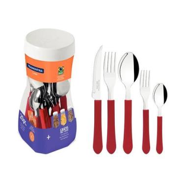 Imagem de Faqueiro inox 20pc cb.plas vm tram - TRAMONTINA, Vermelho, 20 peças