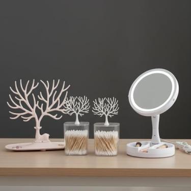 Imagem de Kit Espelho Facial com LED Articulável para Maquiagem Com Aumento 10x Dupla Face + Porta Joias Organizadora Árvore + Porta Algodão e Cotonete Acrílico com Tampa. (ROSA)