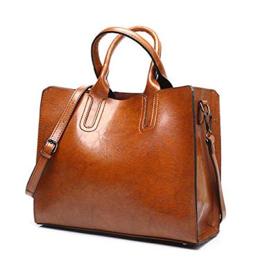 Imagem de Bigfanshu Bolsas de couro femininas 2020 bolsas casuais porta-malas ombro, Marrom, 33*13*28cm