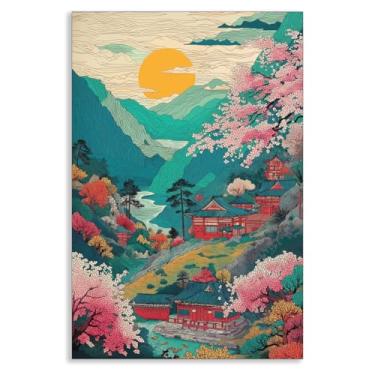 Imagem de Arte de parede em tela do Monte Yoshino no Vale japonês, pôster de paisagem de flor de cerejeira e templo, decoração de parede estilo anime japonês, impressão artística realista asiática para quarto