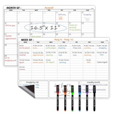 Imagem de JJPRO Calendário magnético apagável a seco para geladeira - Calendário mensal reutilizável e planejador semanal para geladeira - Planejador magnético mensal e semanal com 6 marcadores - 42 x 28 cm