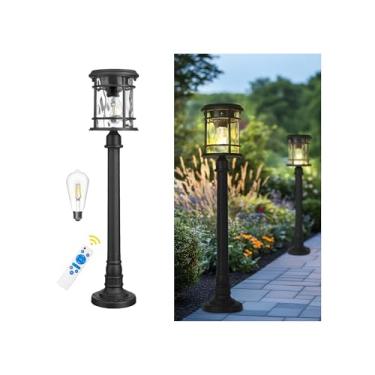 Imagem de Emliviar Lâmpada de chão alimentada por energia solar externa de 71 cm para pátios, luz solar portátil sem fio para fora com vidro ondulado de água, lanterna de LED preta 2700K para quintal, varanda,