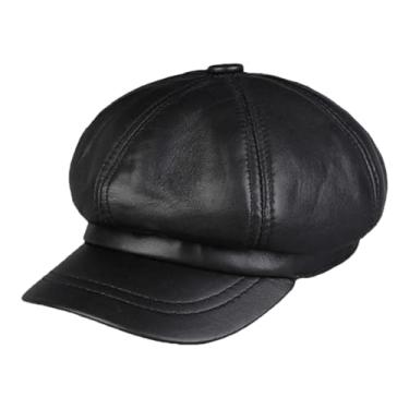 Imagem de Boina feminina de couro genuíno para pintura em pó elegante octogonal com ponta francesa, Preto, 54 56CM