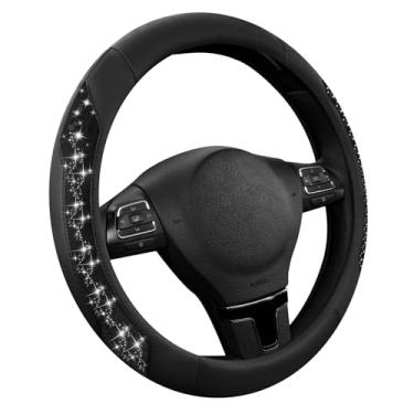 Imagem de PIC AUTO Capa para volante, glitter brilhante de cristal brilhante preto com couro, ajuste universal volantes de carro de 36,8 a 39,4 cm para meninas e mulheres, capa antiderrapante para carros