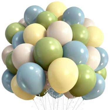 Imagem de Decorações de balão verde sálvia azul empoeirado amarelo, 60 peças de 30 cm verde-oliva macaron amarelo azul branco areia creme balões de látex para aniversário, casamento, chá de bebê, decoração de