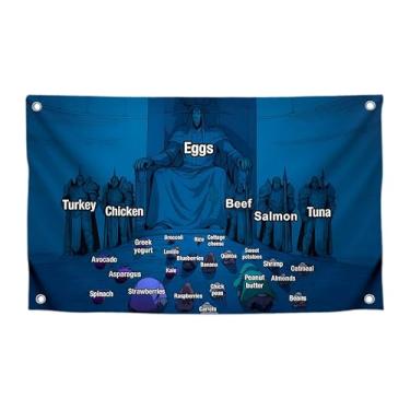 Imagem de Bandeira engraçada de 9,5 x 1,5 m com citação "Ovos, peru, frango, carne bovina, salmão, atum" com quatro ilhós de latão - tapeçarias de faixa engraçada de um lado para quarto - Bandeiras de poliéster