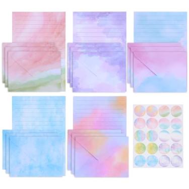 Imagem de 30 peças de papel de carta colorido de papelaria com 15 envelopes adesivos de 20 pontos 14 x 21 cm, papéis pautados dupla-face em aquarela para convites de festa