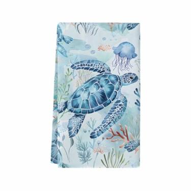 Imagem de Toalhas de prato de cozinha 1 pacote, verão azul tartaruga marinha vela coral água-viva panos de prato de microfibra macia toalhas de mão reutilizáveis, toalha de chá absorvente de vida marinha