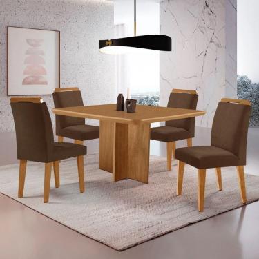 Imagem de Mesa Olimpia 90 Mdf Canto Copo E Com 4 Cadeiras Athenas Veludo Marrom Naturalle
