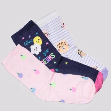 Imagem de Kit Meia Selene 3 Pares Cano Longo Infantil Rosa Marinho e Branca, 29-