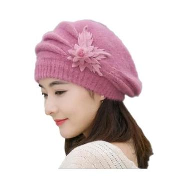 Imagem de Chapéu feminino inverno flor chapéu boina grossa quente malha lã chapé