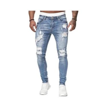 Imagem de Calças Jeans Skinny Rasgadas Com Lavagem Vintage Para Homens, Casual, 