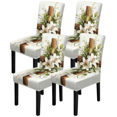 Imagem de ANNA QUEEN Conjunto de 4 capas de cadeira de mármore, capas elásticas, removíveis, laváveis para jantar, fazenda, hotel, festa, casamento (Páscoa religiosa)