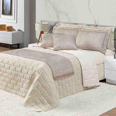 Imagem de Kit Cobre Leito Colcha Luxo Queen 10 Peças Micropercal 200 Fios Dupla Face Xale Brilhante - Bege
