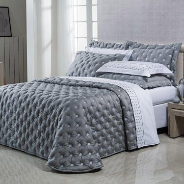 Imagem de Kit Cobre Leito Colcha Super King 100% Algodão 400 Fios Acetinado Bordado 5 Peças Cinza Escuro