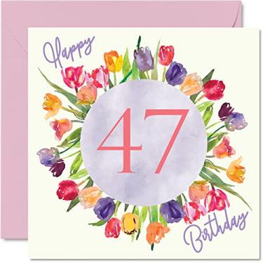Imagem de Lindos cartões de aniversário de 47 anos para mulheres - buquê de flores de tulipas aquarela - cartão de feliz aniversário para sua mãe tia irmã amiga , 14 x 14 cm, lindo presente floral cartões de felicitações