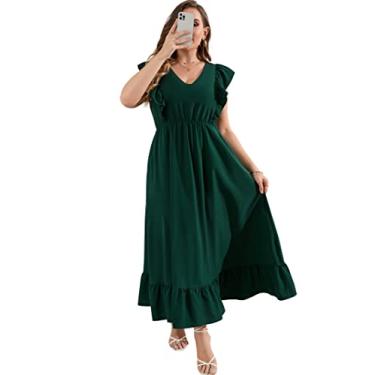 Imagem de KOJOOIN Vestido feminino plus size de verão com bolso com babados, sem mangas, decote em V, fenda lateral, vestido longo de praia, Verde escuro - 1, XGG