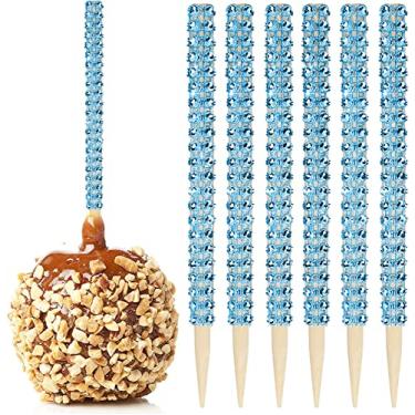 Imagem de 32 peças de palitos de bambu de maçã e doces, caramelo de madeira com strass e envoltório de malha de diamante, barra pop de frutas para mesa de sobremesa chá festa aniversário casamento (azul)