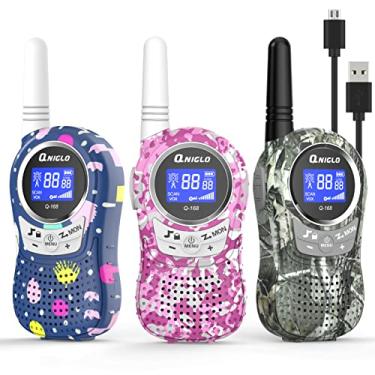 Imagem de QNIGLO Q168Plus Walkie Talkie Crianças recarregável 3 Pack, 22 canais 2-5km longo alcance comunicação, equipamento de acampamento, presente de brinquedo para crianças de 3-12 anos (Camouflage_3Pack)