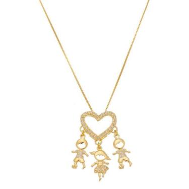 Imagem de Colar Com Pingente 2 Meninos 1 Menina Banho De Ouro - Jhulias Joias E 