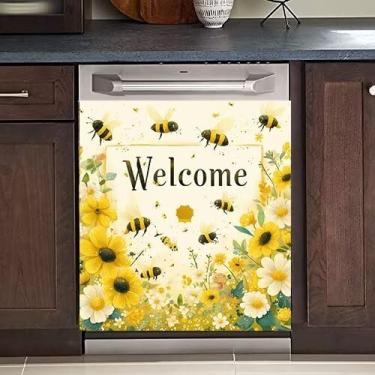 Imagem de Generic Rústico floral girassol margarida porta máquina de lavar louça tampa magnética decoração de cozinha casa de fazenda animal abelhas recolher néctar tampa de geladeira pele magnética painel de