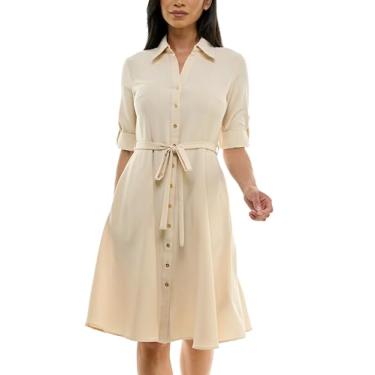 Imagem de Sharagano Vestido casual feminino com botões frontais plissados, Areia primavera, 46