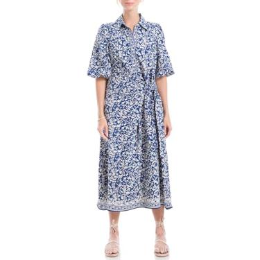 Imagem de Max Studio Vestido feminino primavera 2023 chique moda casual estampado manga bufante midi todos os dias, Azul Pequeno Daisy Mixed Pnl, PP