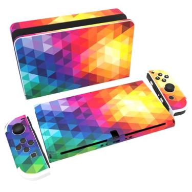 Imagem de PlayVital Conjunto completo de adesivos de proteção para Nintendo Switch OLED, adesivos de vinil personalizados para console Switch OLED e Joycon e Dock & Grip - Triângulo colorido