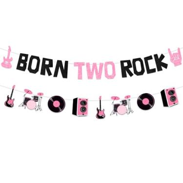 Imagem de JOYMEMO Born Two Rock Banner Tema para Meninas, Born Two Rock Banner Decoração Conjunto Preto Rosa, Rock and Roll 2 Anos de Idade Artigos de Decoração de Festa de Aniversário