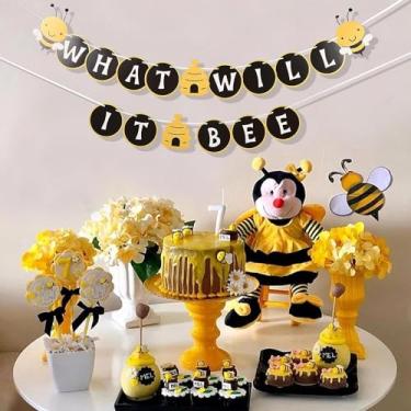 Imagem de Faixa What Will It Bee com tema de abelha para chá de bebê, decoração de festa de revelação de gênero de abelha, preto e dourado para menino/menina, adereço de foto de bolo