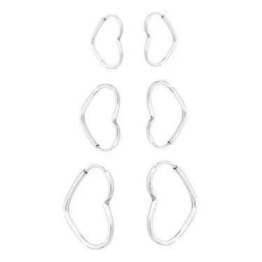 Imagem de Brincos Trio kit 3 pares de argola coração prata 925 legítima segundo e terceiro furo